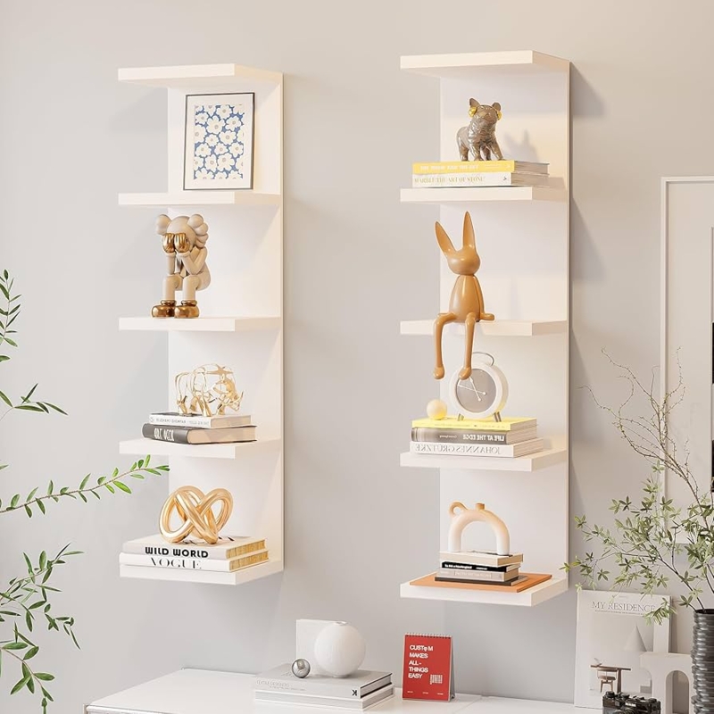 Wall Shelf Modern Zigzag Profile Five Tier Matte White Shelving