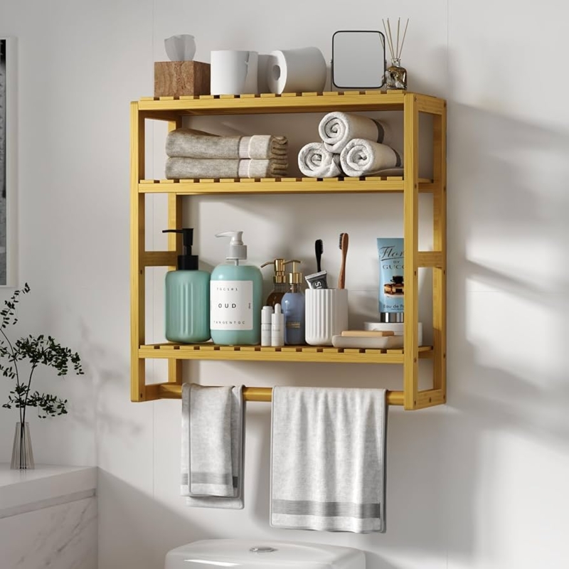 Wall Shelf: Natural Bamboo Slats & Hanging Rod, Minimalist Storage
