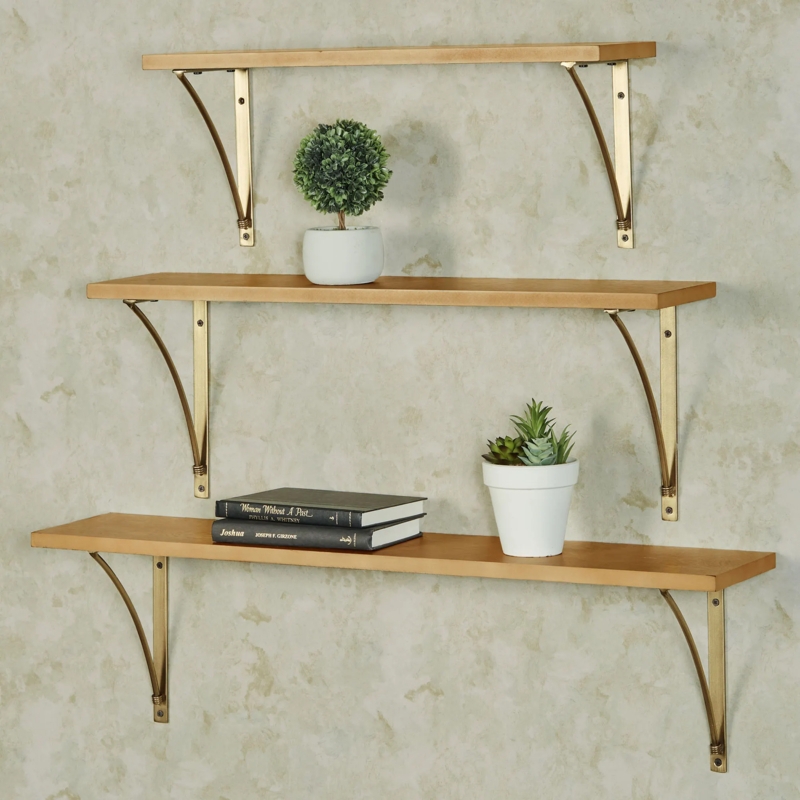 Wall Shelf Natural Wood with Curved Brushed Brass Brackets
