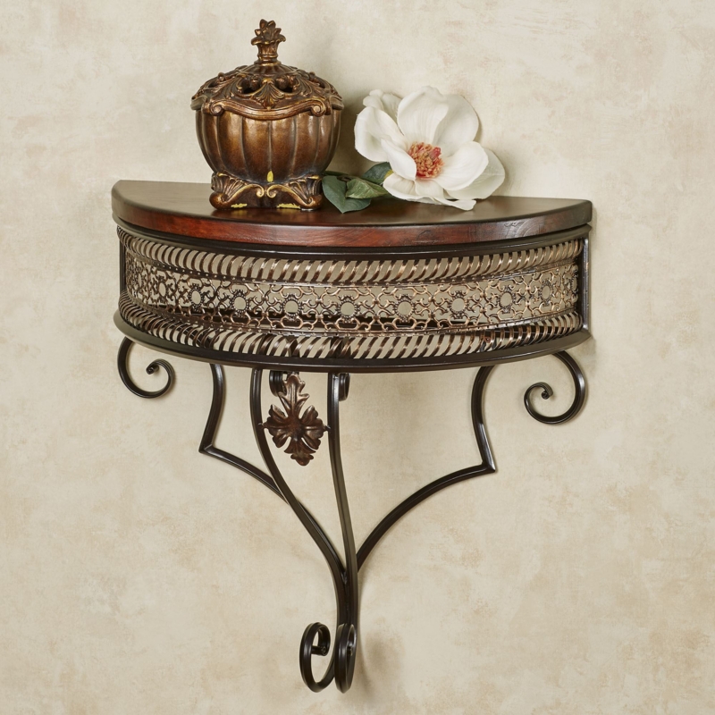 Wall Shelf Ornate Bronze Arched Scrollwork Top Three Tier Wood
