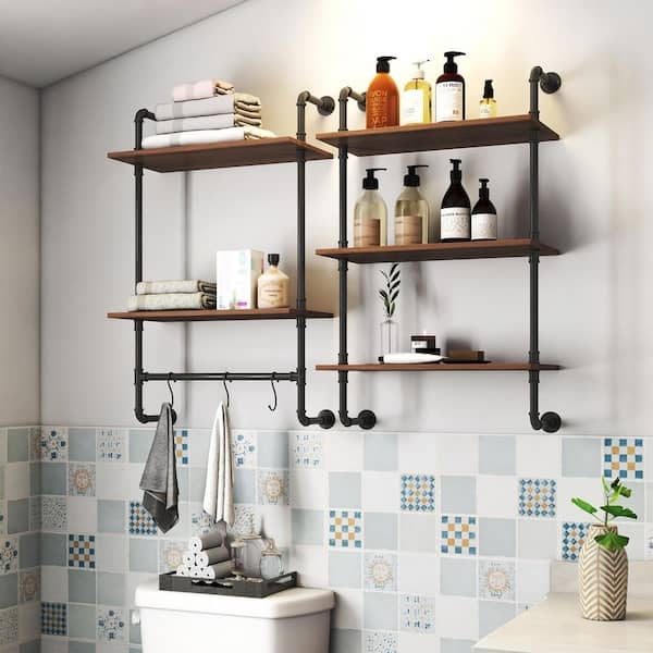 Wall Shelf, Pipe Brackets, Wood-Toned, Matte Black Finish.