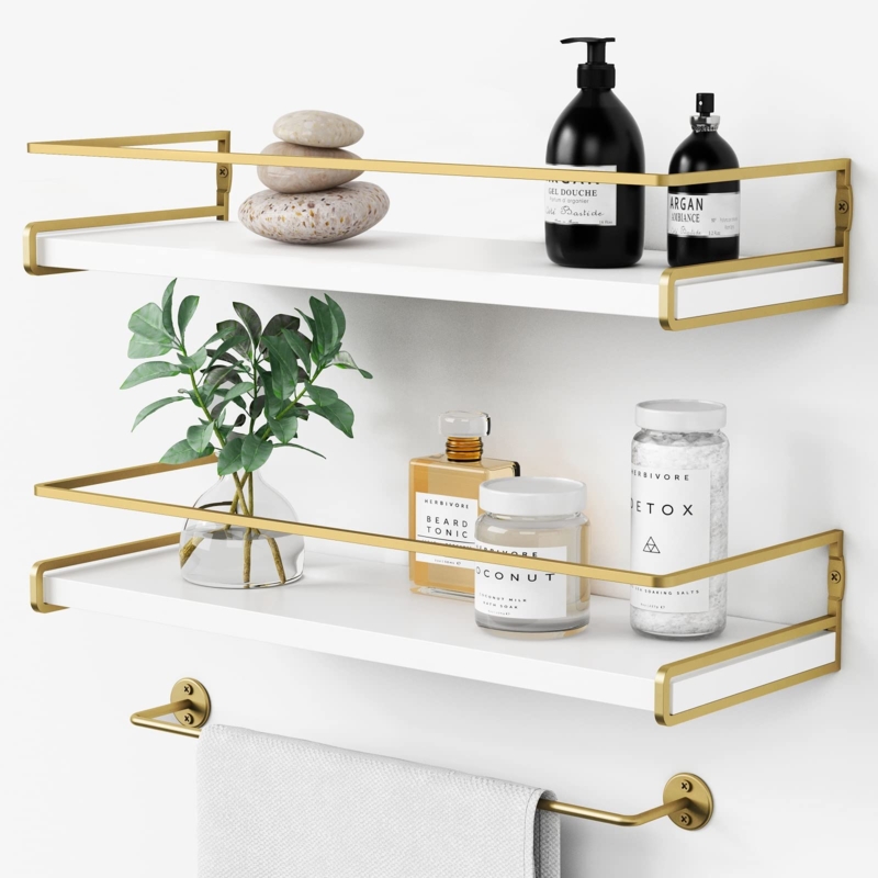 Wall Shelf Polished Gold Brackets Integrated Towel Bar Modern Glam