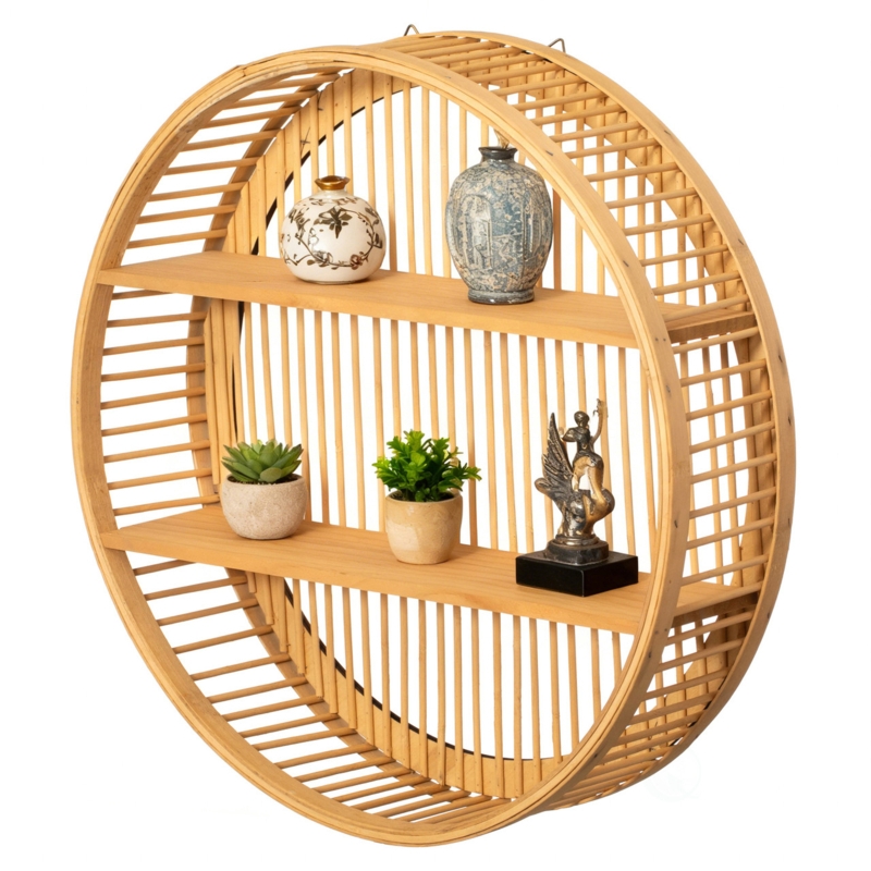 Wall Shelf, Round Bamboo Frame with Two-Tier Floating Design.