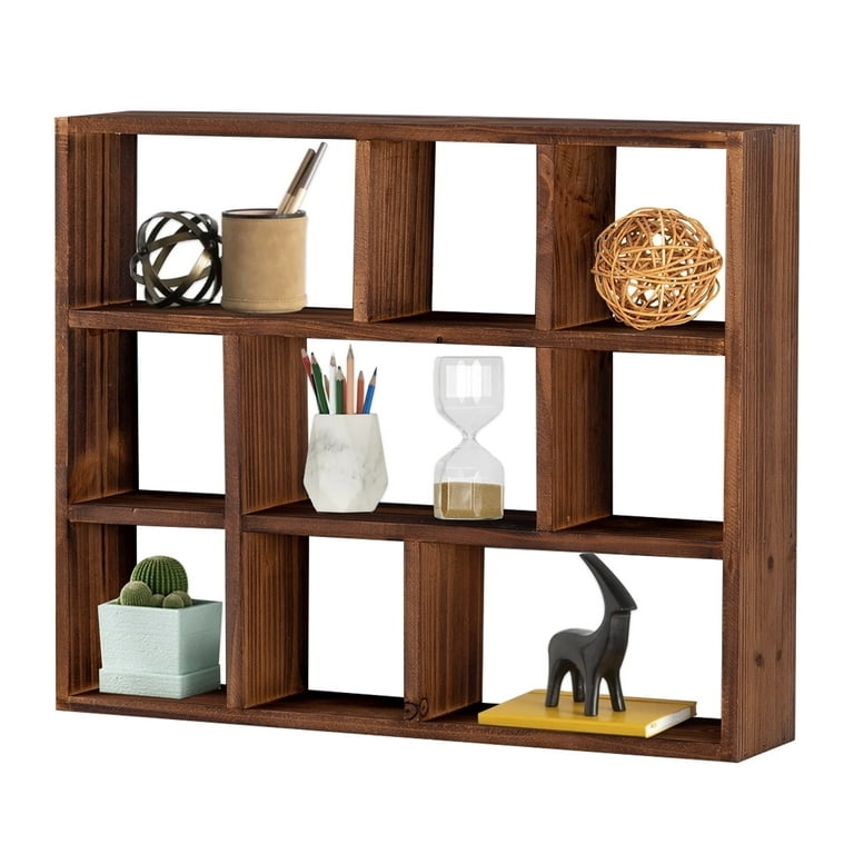 Wall Shelf Rustic Brown Nine Compartment Grid Cubby