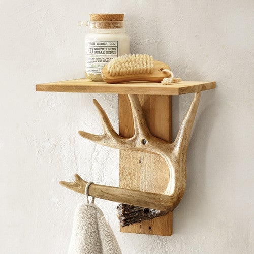 Wall Shelf Rustic Lodge Antler Bracket Supports Utility Hook