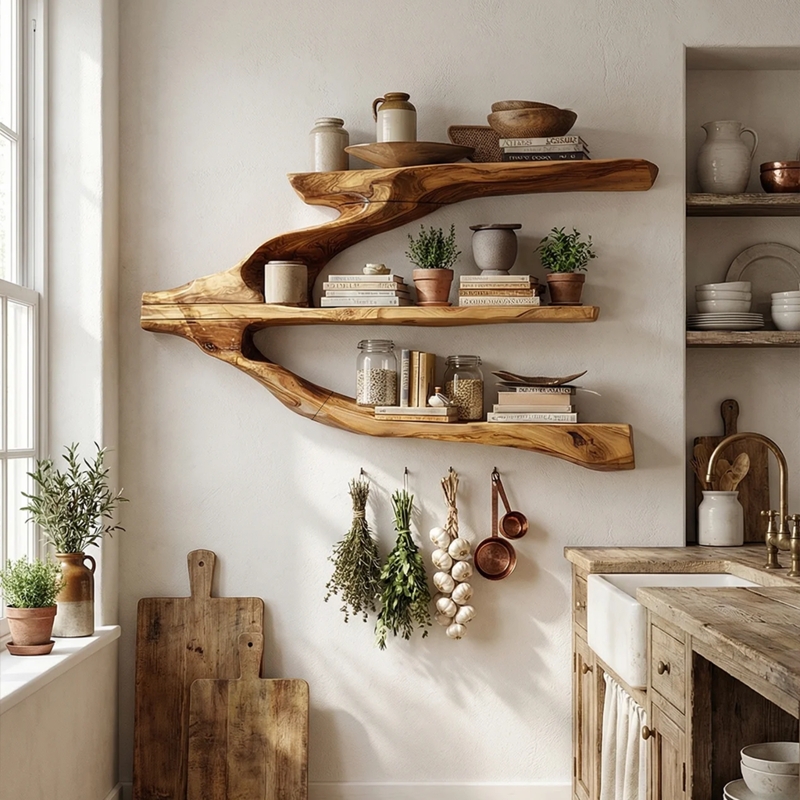 Wall Shelf, Rustic Staggered Tiers with Integrated Key Hooks