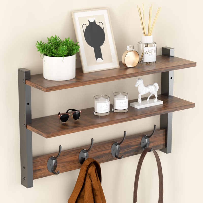 Wall Shelf Rustic Wood Two Tier With Six Double Hooks
