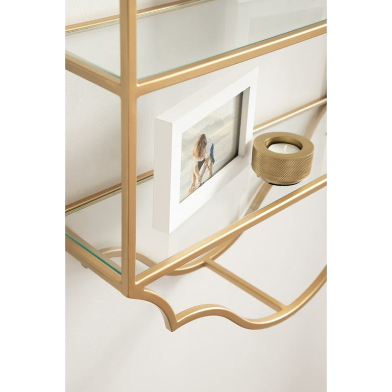 Wall Shelf Scalloped Edges Polished Gold Frame Three Tiered Wood Toned
