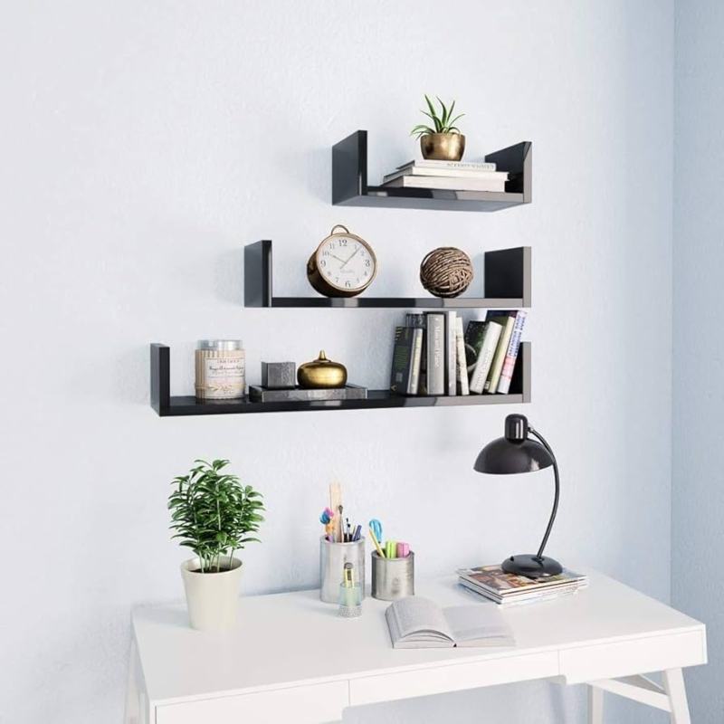 Wall Shelf Set of Three High Gloss Black U-Shaped Floating Design