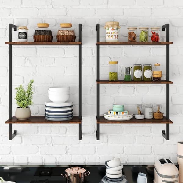 Wall Shelf Set with Pipe Design, Wood and Metal, Two-Piece.