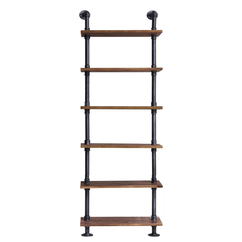 Wall Shelf, Six-Tier Vertical Design, Pipe Frame, Matte Black Finish.