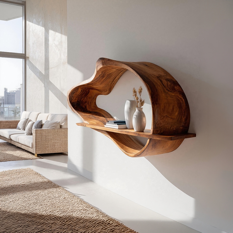 Wall Shelf Slatted Back: Two-Tier Wooden Display Shelf Natural Finish