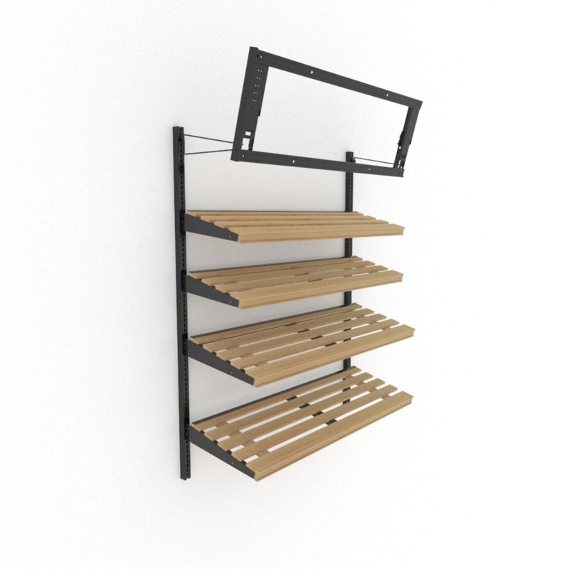 Wall Shelf System with Slatwall Panels and Adjustable Wood Shelves