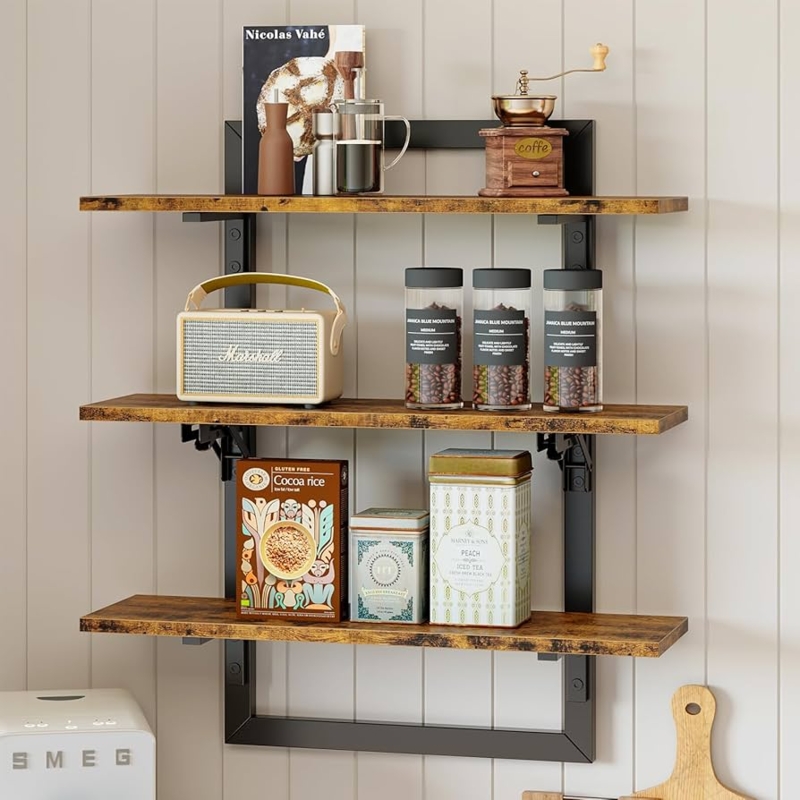 Wall Shelf, Three-Tier Design, Metal Brackets, Brown Finish.