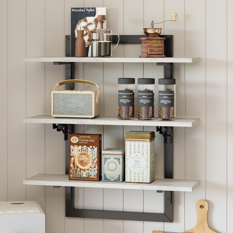 Wall Shelf Three Tier Grey Wood Industrial Pipe Brackets