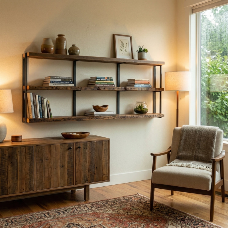 Wall Shelf Three Tier Light Wood with Matte Black Rails