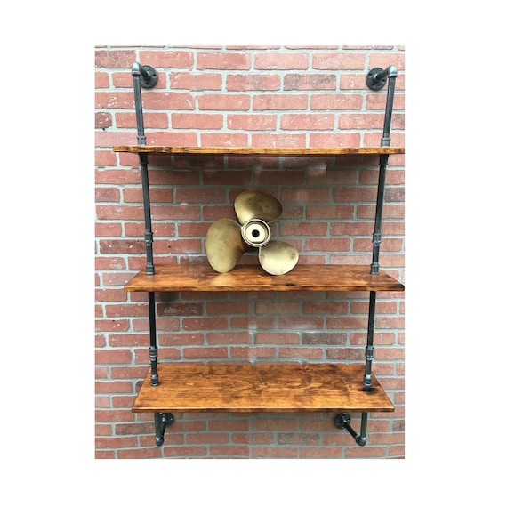 Wall Shelf, Three-Tier, Pipe Frame, Wood Shelves.