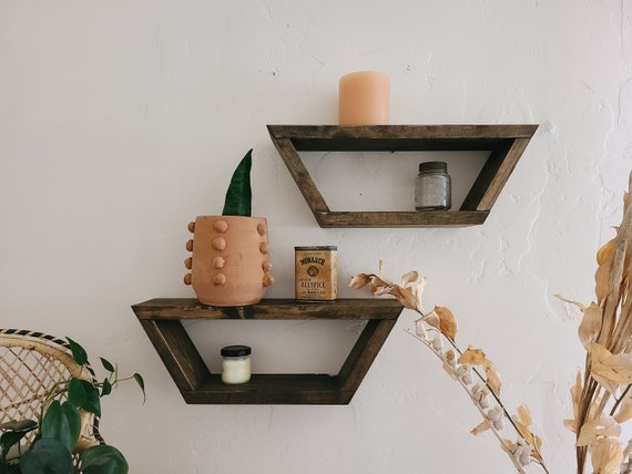 Wall Shelf Triangular Shape Light Wood Boho Crystal Display (69 chars)