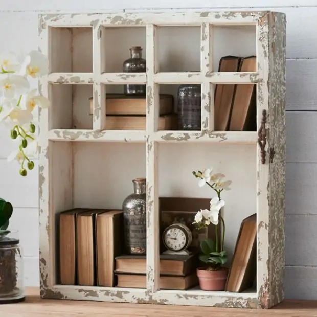 Wall Shelf Twelve Compartment Grid: Whitewashed Wood Wall Cubby Storage