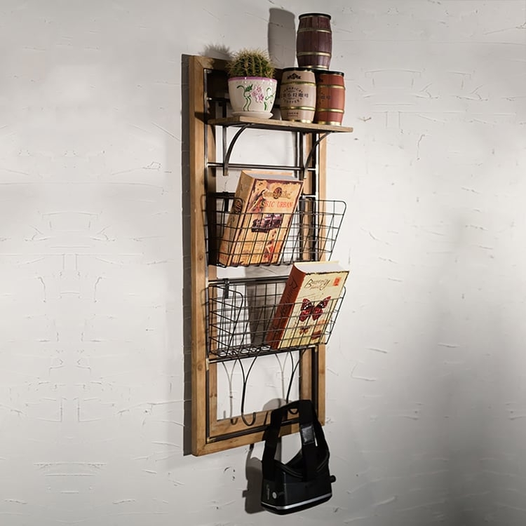 Wall Shelf Two Tier Industrial Wire Baskets Integrated Hooks