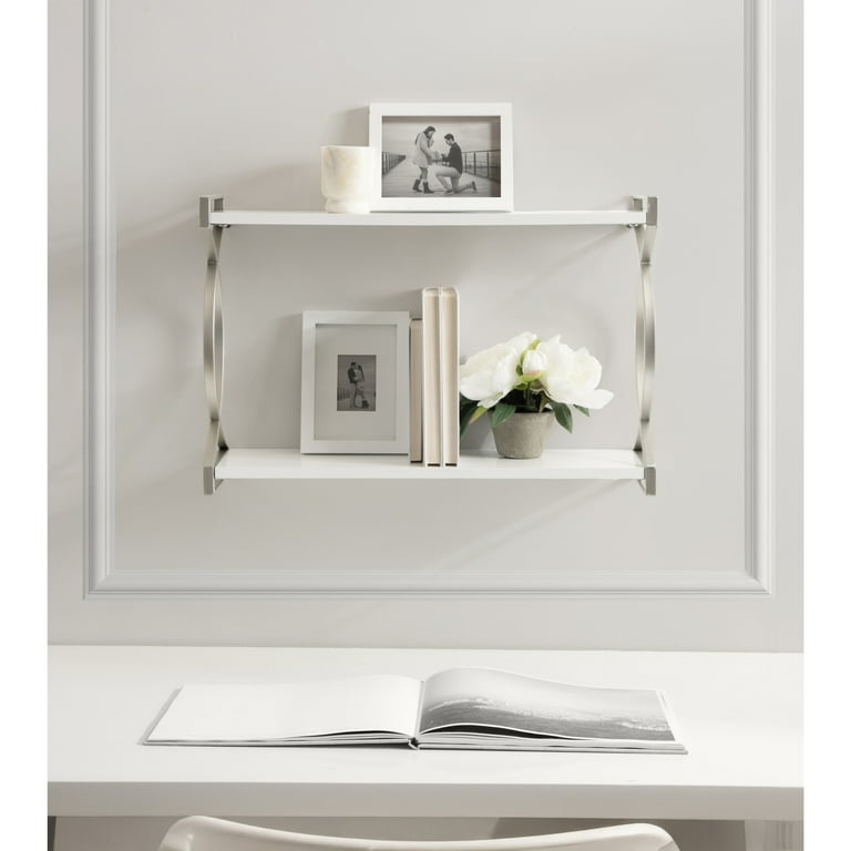 Wall Shelf Two-Tier Silver Frame White Shelves Polished Finish