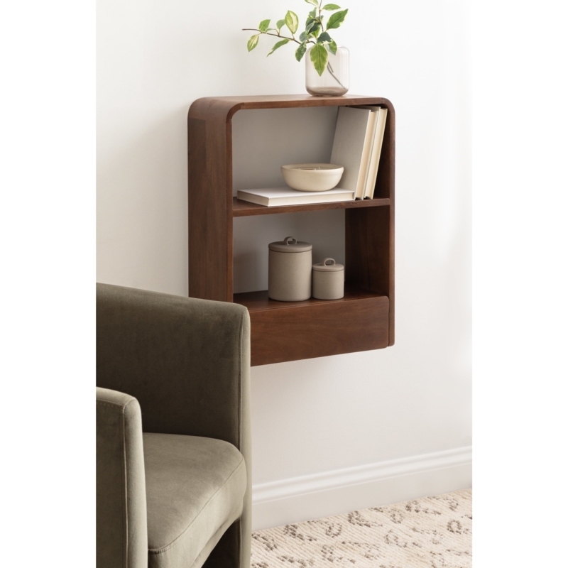 Wall Shelf Two Tier Walnut Brown Wood Integrated Drawer