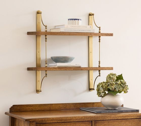 Wall Shelf, Two Tiered with Corbel Supports, Rustic Farmhouse Wood Toned