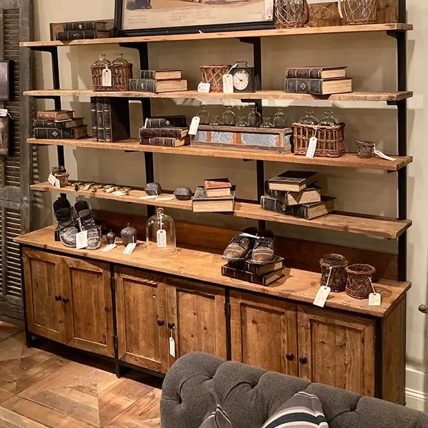 Wall Shelf Unit, Cross-Brace Back, Four-Tier Design, Material Mix.