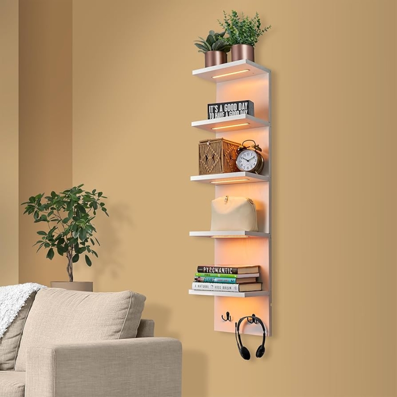 Wall Shelf Vertical Column Design Integrated Lighting With Hooks
