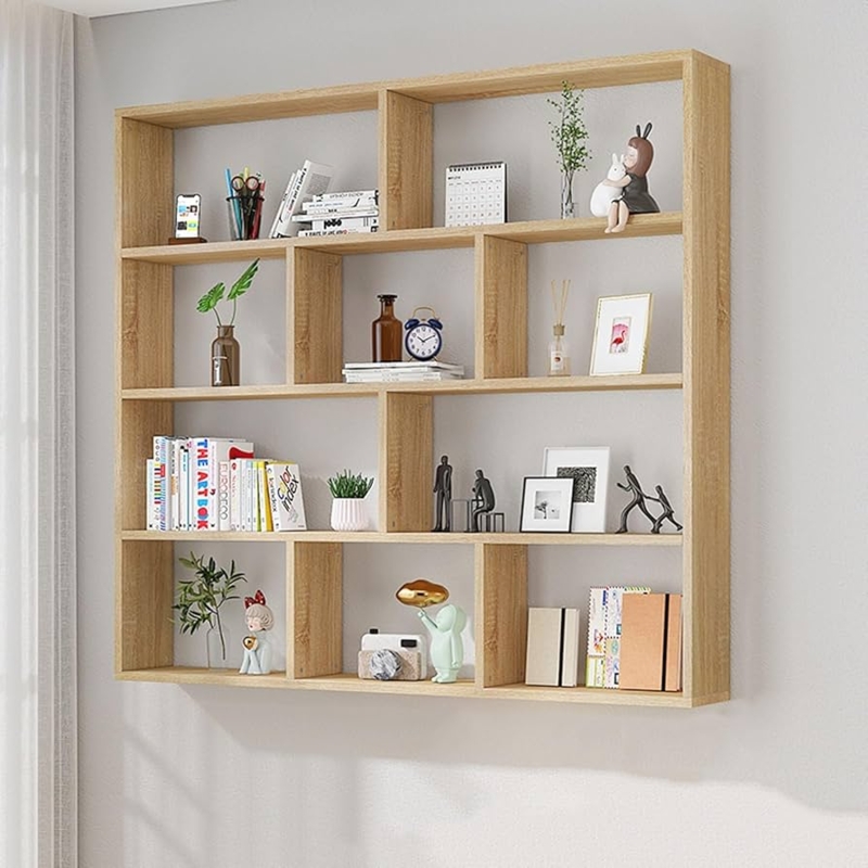 Wall Shelf Vertical Floating Wood Slatted Frame Four Tier Storage