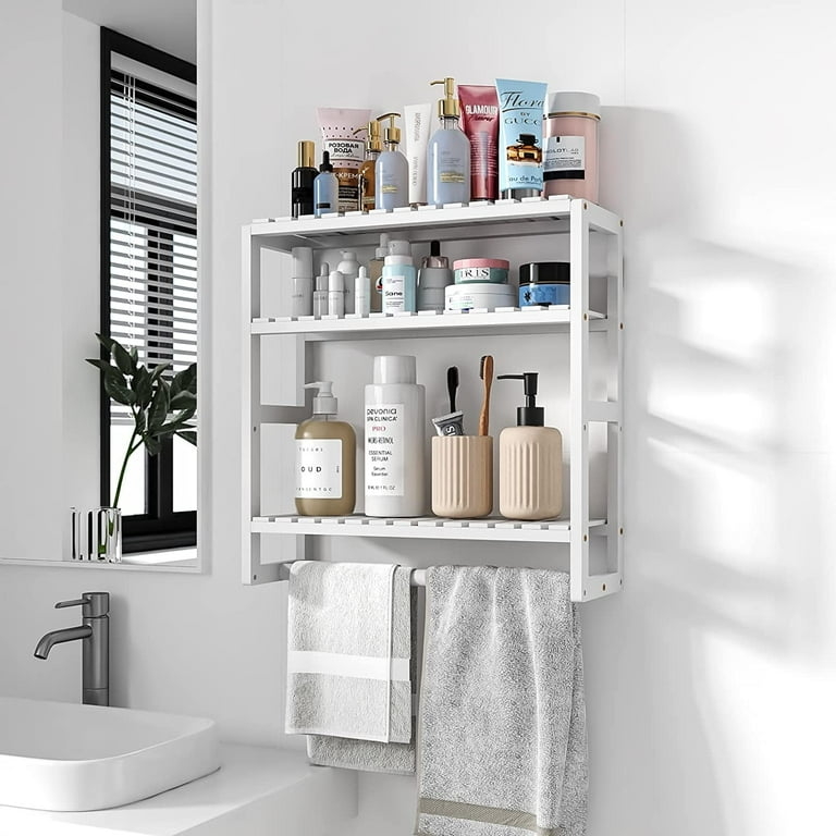 Wall Shelf White Adjustable Shelves Three Tier with Integrated Towel Rod
