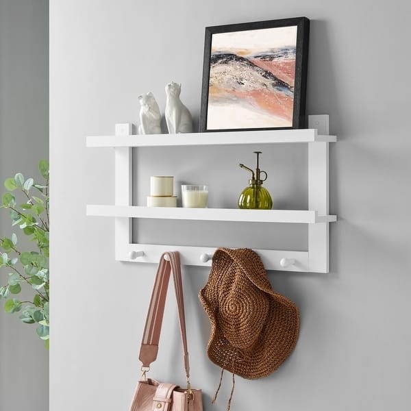 Wall Shelf: White Finish, Two Tier Ledge, Five Hooks. Minimalist Storage.
