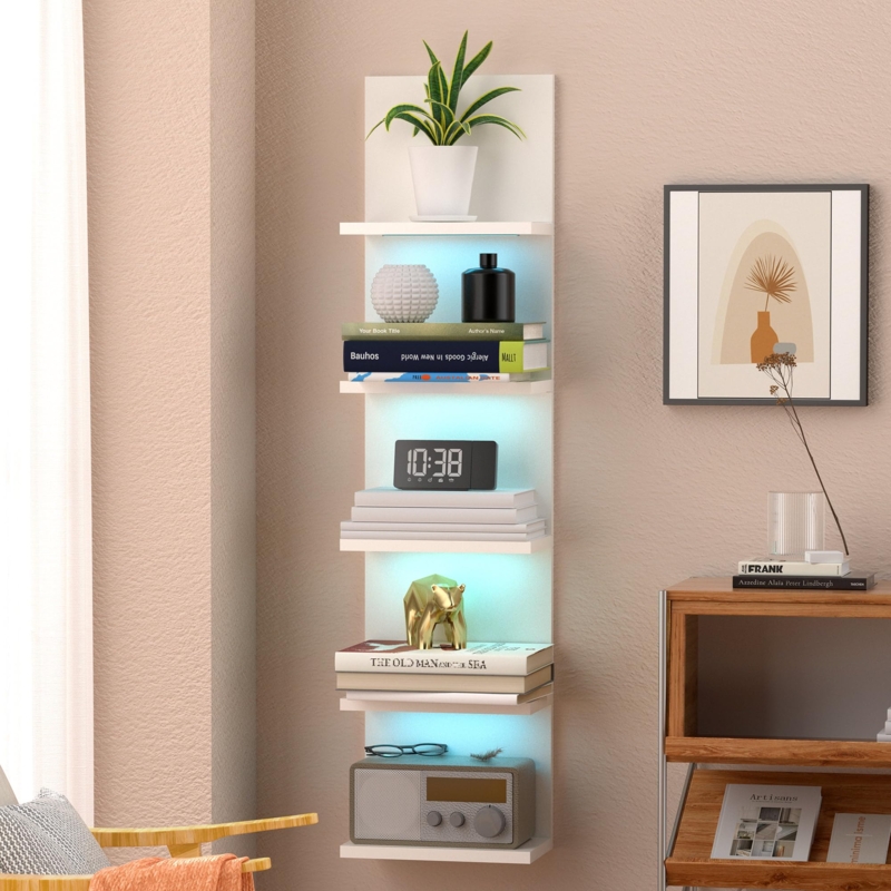 Wall Shelf White Integrated RGB LED Lighting Backlit Tiered Design
