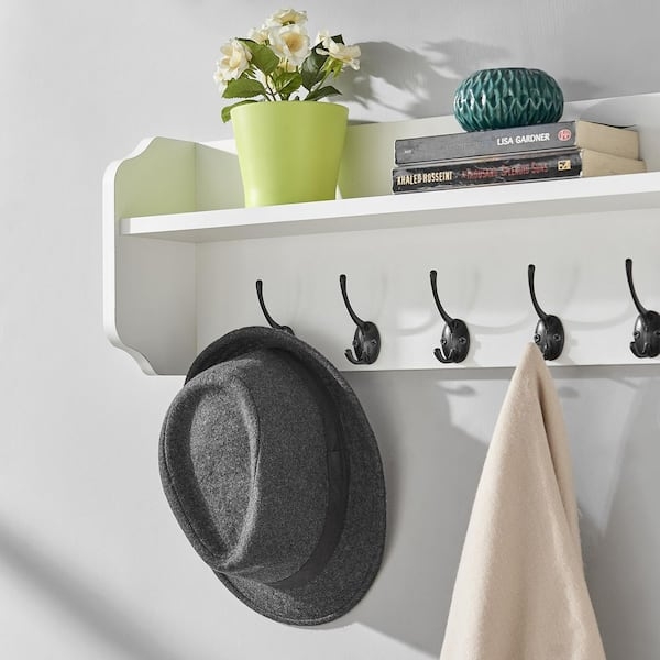 Wall Shelf: White Minimalist Silhouette, Five Hooks. Small Space Wall Storage.