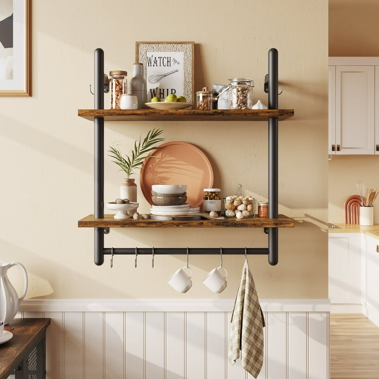 Wall Shelf Wire Mesh Sides Integrated S-Hooks Industrial Rustic