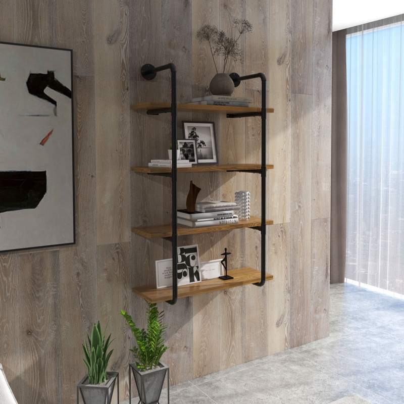 Wall Shelf with Four-Tier Design, Pipe Frame, Floating Design.