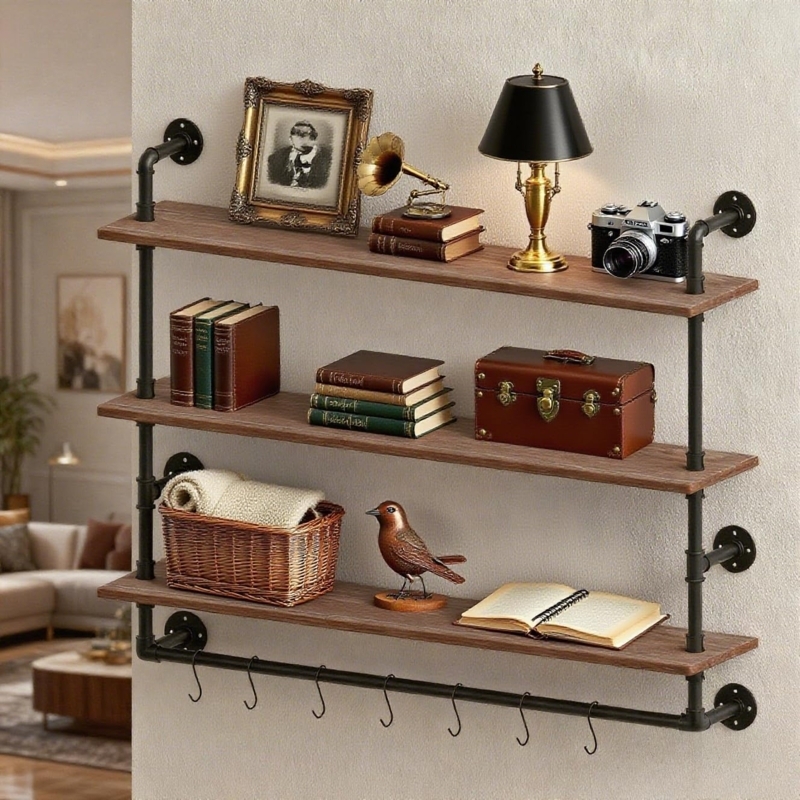 Wall Shelf with Integrated Towel Rack, Two-Tier Pipe Construction.