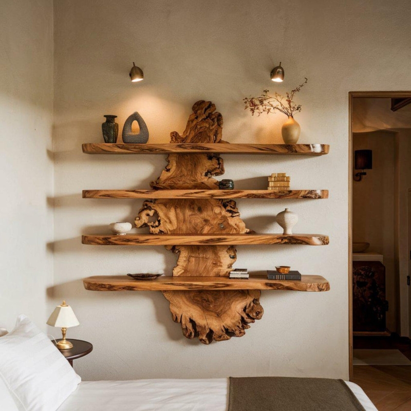 Wall Shelf with Live Edge, Floating Mounting, Warm Brown for Storage