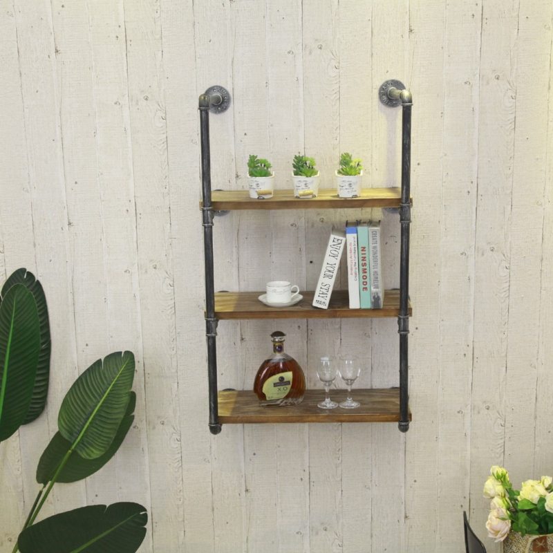 Wall Shelf with Three-Tier Design, Pipe Frame, Brown Finish.