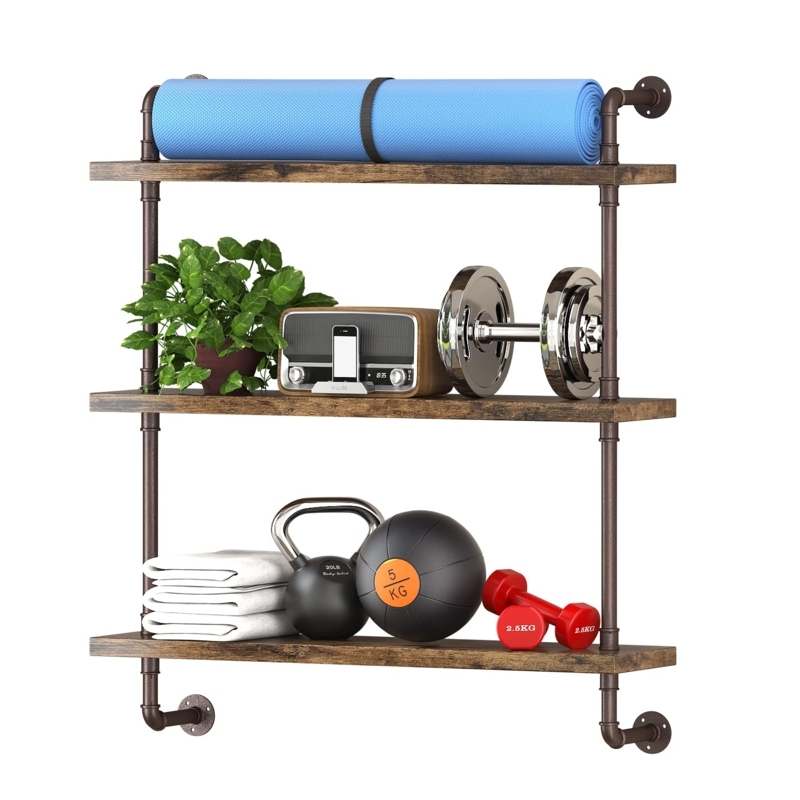 Wall Shelf with Three-Tier Design, Pipe Supports, Metal Hardware.