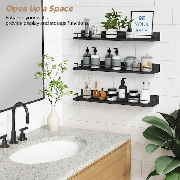 Wall Shelves Black Finish with Front Rail Set of 3 Minimalist Decor