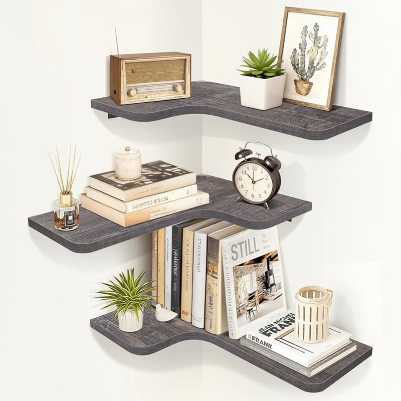 Wall Shelves Corner Mount Grey Wood with Cord Hole