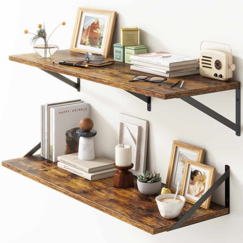 Wall Shelves Exposed Metal Brackets Twelve Inch Depth Wood Toned