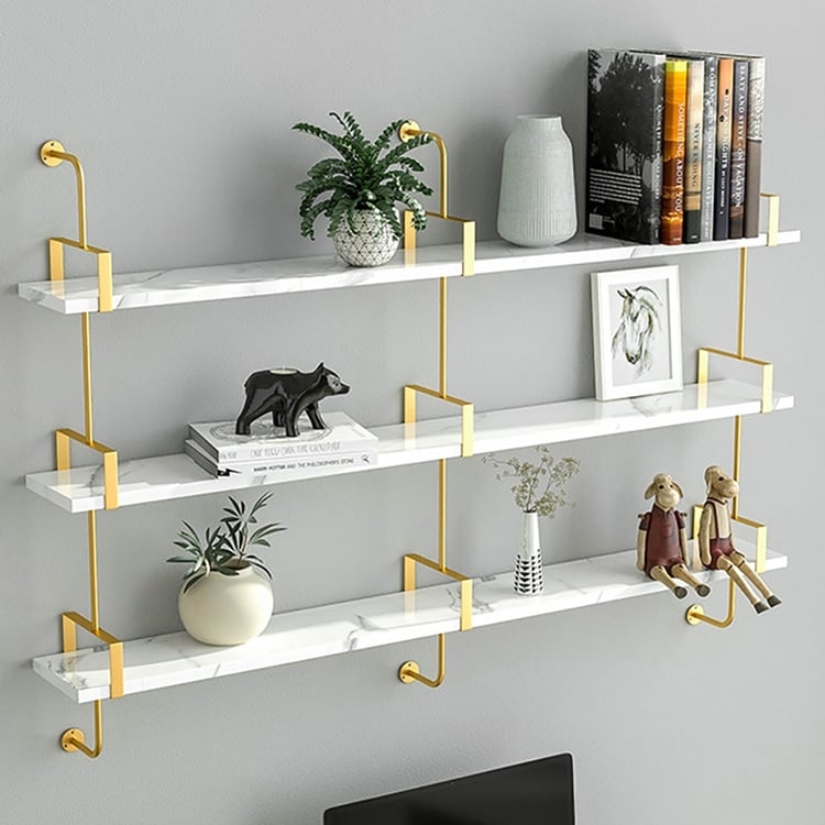 Wall Shelves Extra Long White with Gold Geometric Frame