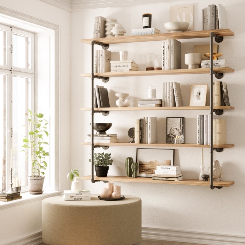 Wall Shelves Industrial Pipe Design Five Tier Burnt Wood Storage