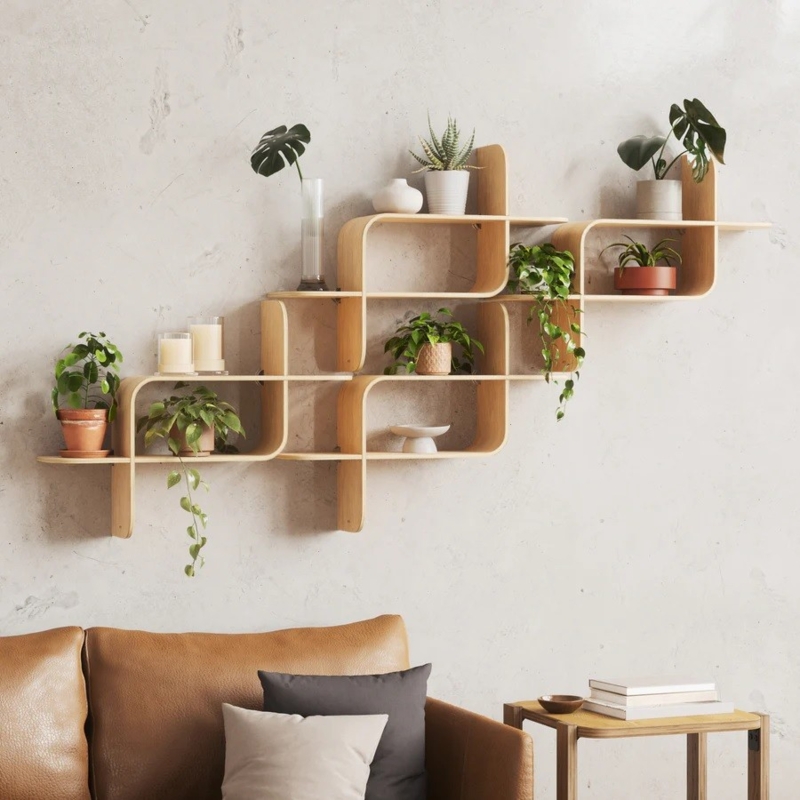 Wall Shelves Interlocking Modular Design Curved Edges Light Wood