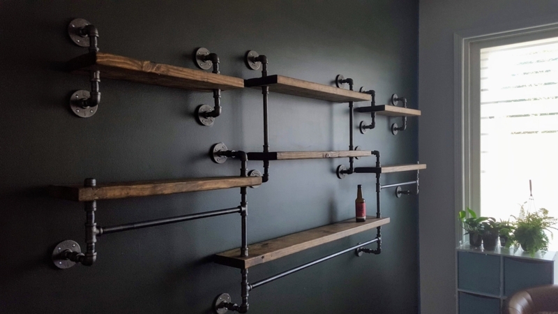 Wall Shelving Unit, Adjustable Vertical Rails, Wood and Metal Design.