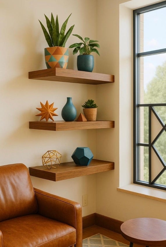 Walnut Corner Floating Shelves 3 Tier Thick Edge Design