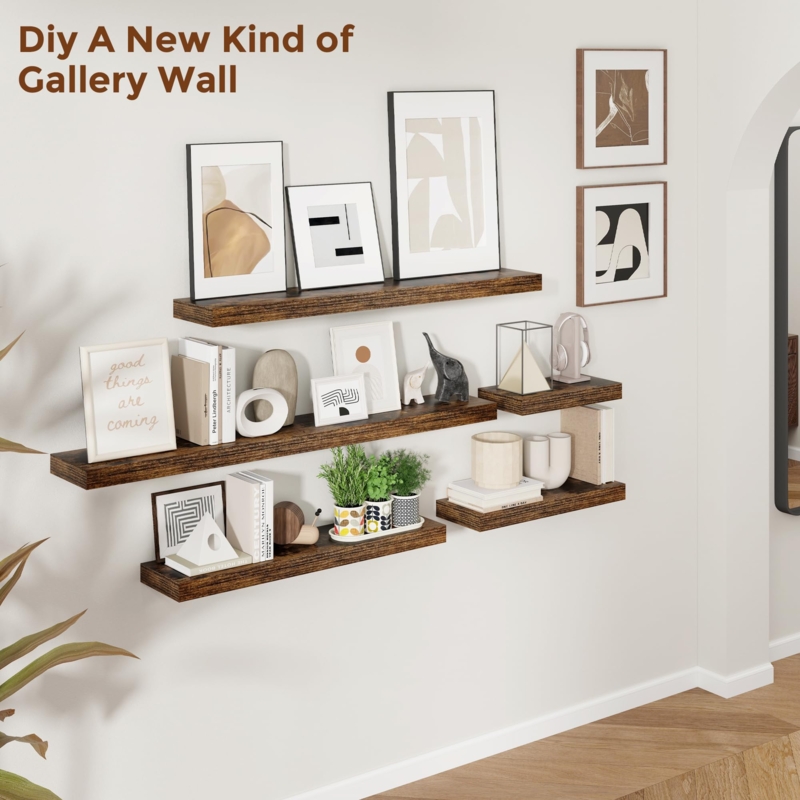 Warm Brown Floating Shelves, Invisible Brackets Thick Plank