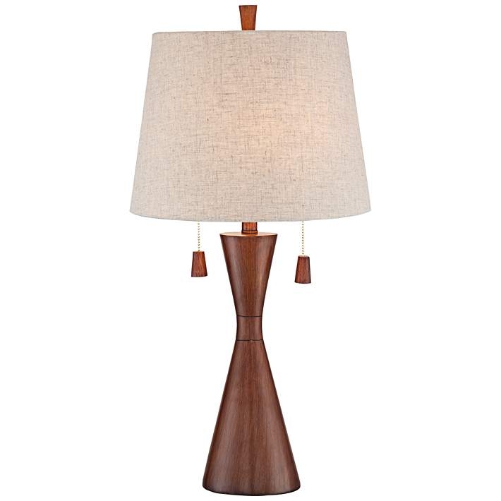 Warm Brown Wood Toned Hourglass Table Lamp with Oatmeal Fabric Shade
